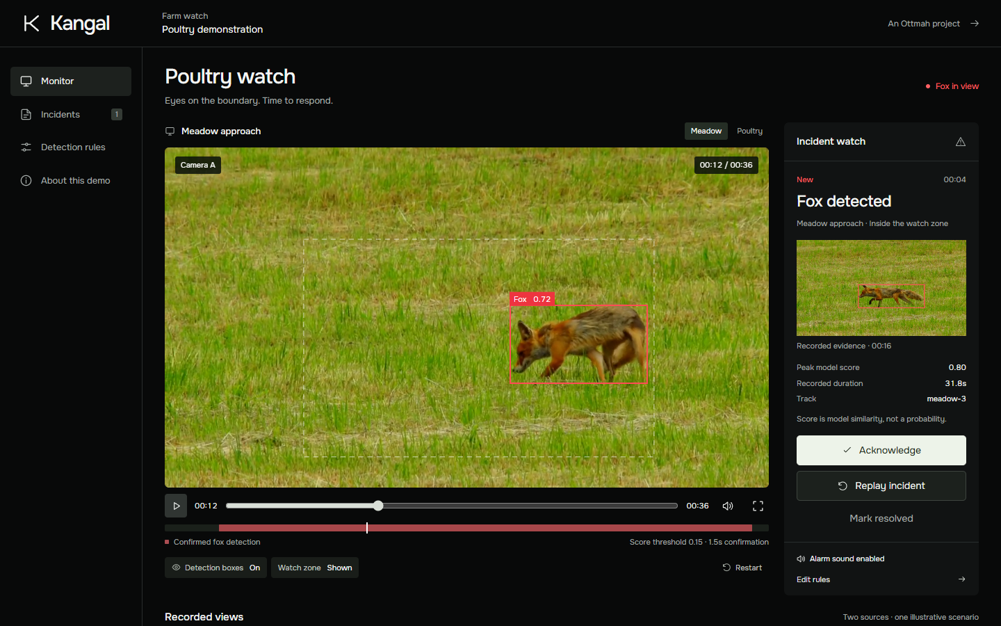 Kangal: AI farm watch. Real AI detections on recorded footage.