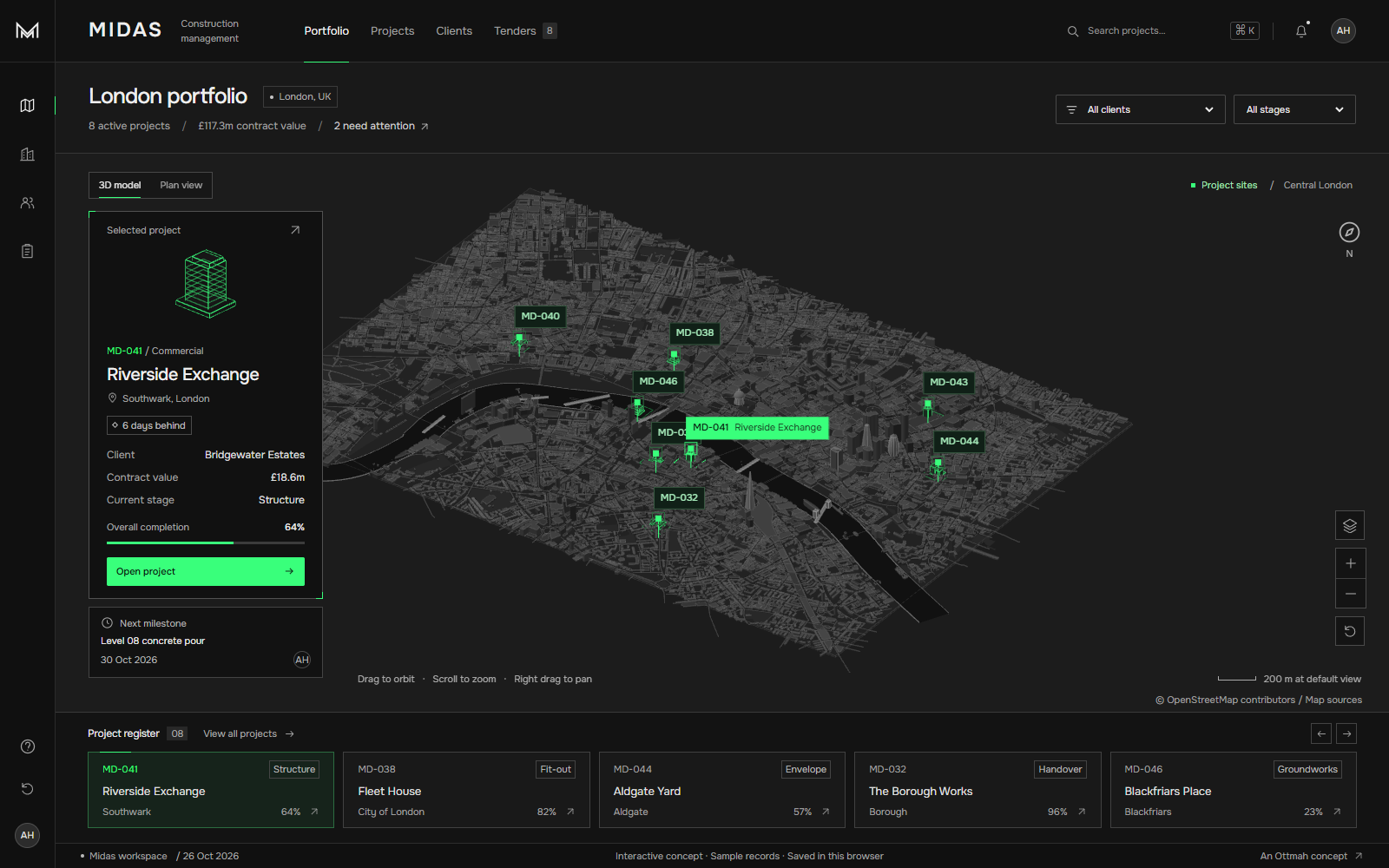 Midas: Construction management. Interactive software concept with sample records.